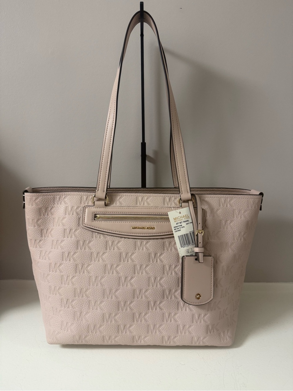 MICHAEL KORS Blush Pink Embossed MK Tote with Gold Hardware